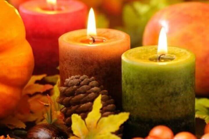 Fall Candles with Pumpkins and Leaves